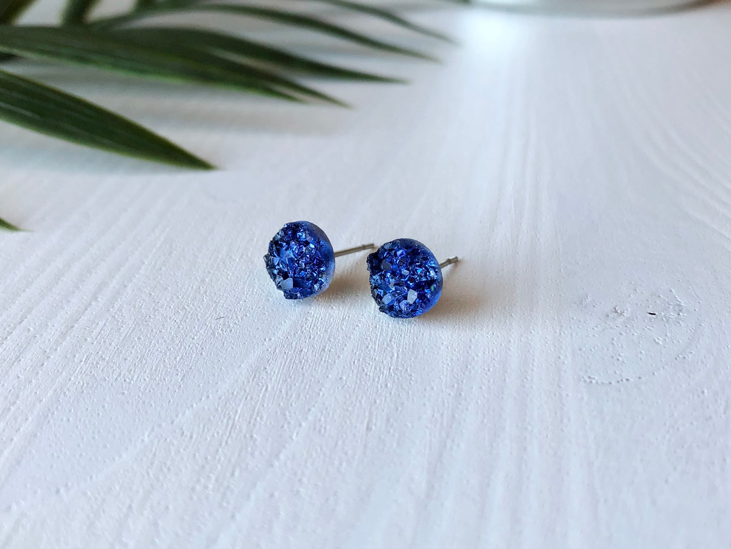 Monsoon Blue Druzy Stud Earrings - 8mm on Surgical Grade Stainless Steel