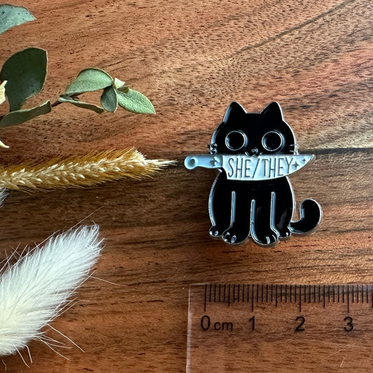 Pride Pin - Pronoun Pin - Cat - SHE/THEY