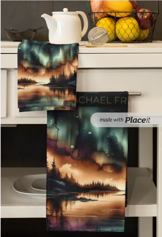 Northern lights painting on a kitchen towel