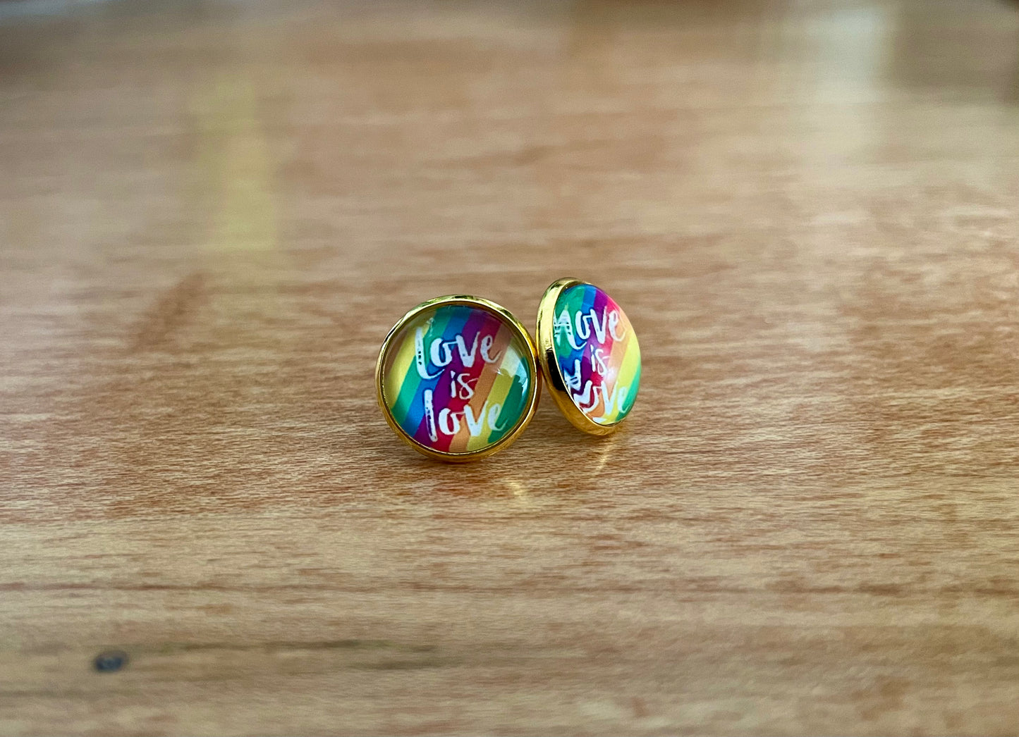Love is Love - Rainbow Pride Earrings - 12mm on Gold