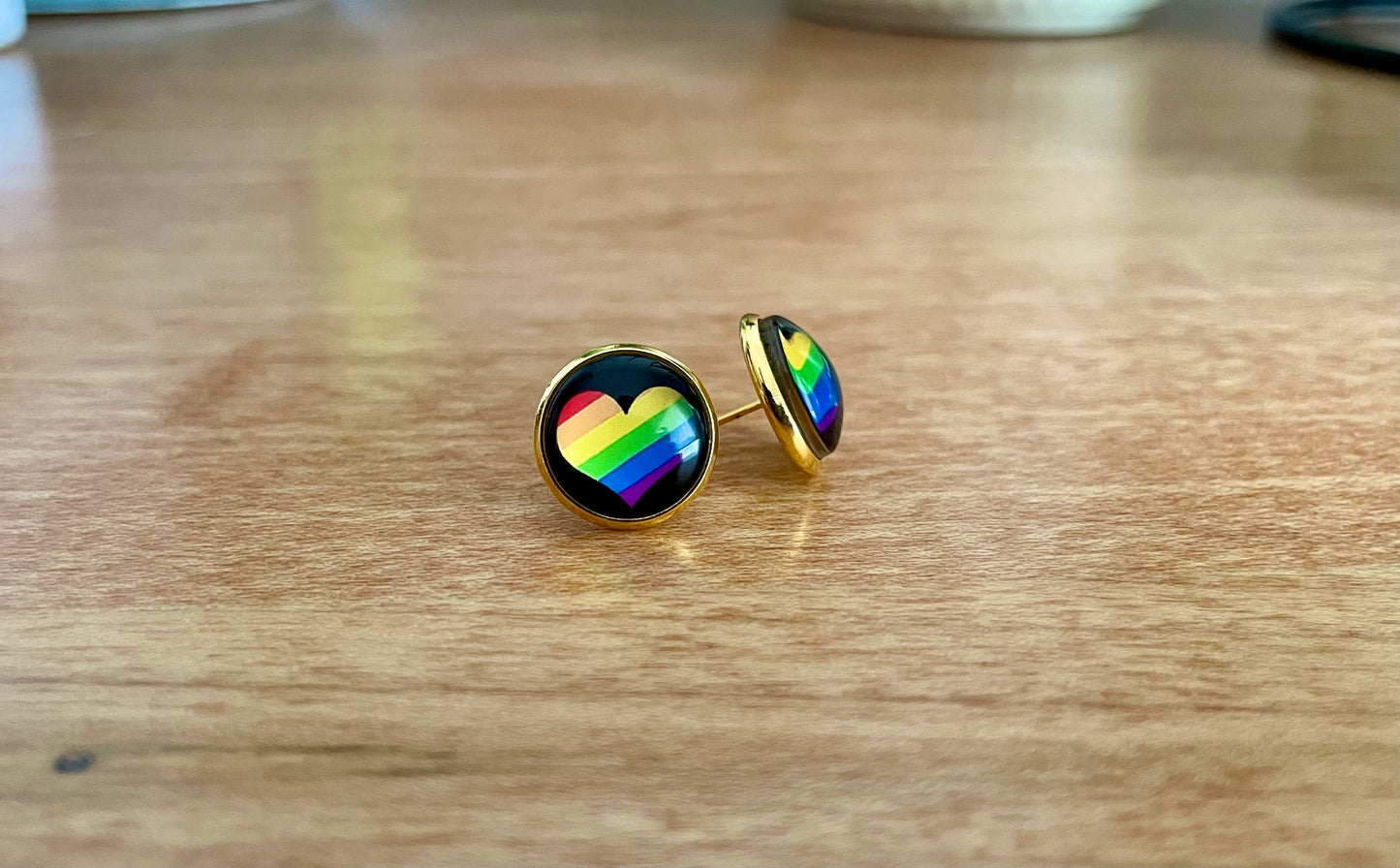 Rainbow Heart Pride Earrings - 12mm on Gold