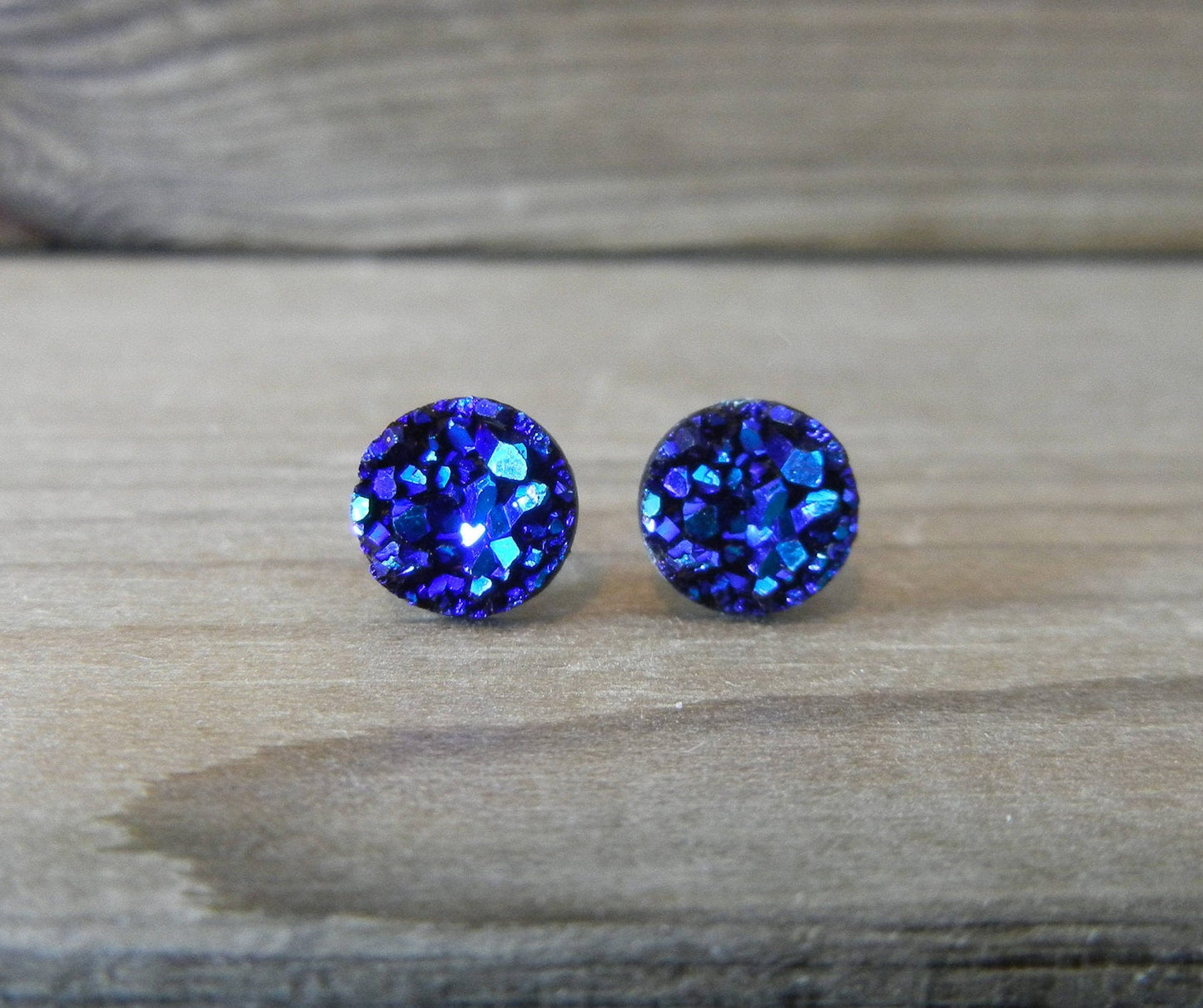 Deep Ocean Druzy Earrings - 8mm on Stainless Steel Posts.