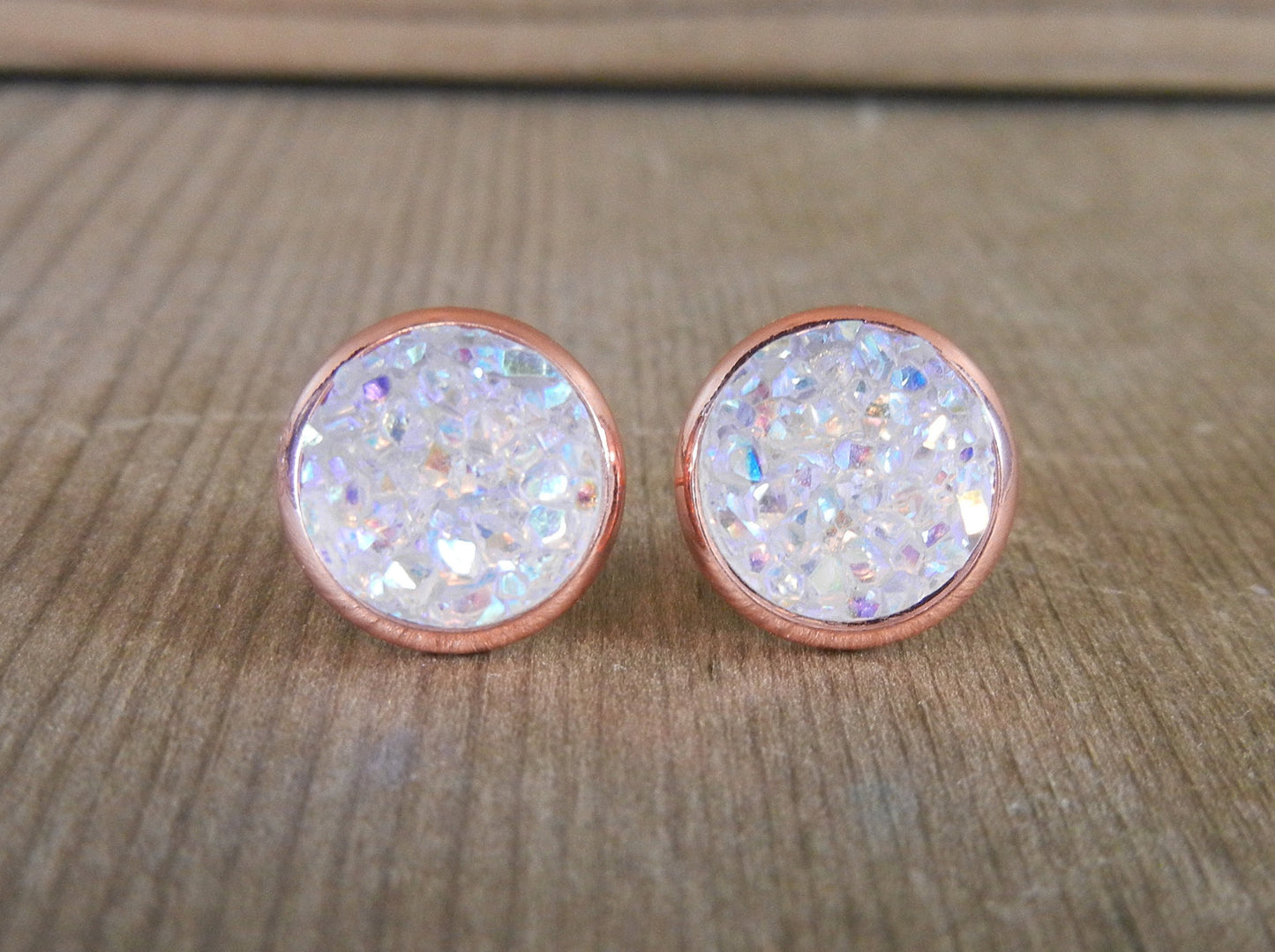 Crystal/Diamond Druzy Stud Earrings - 10mm Stone on Rose Gold