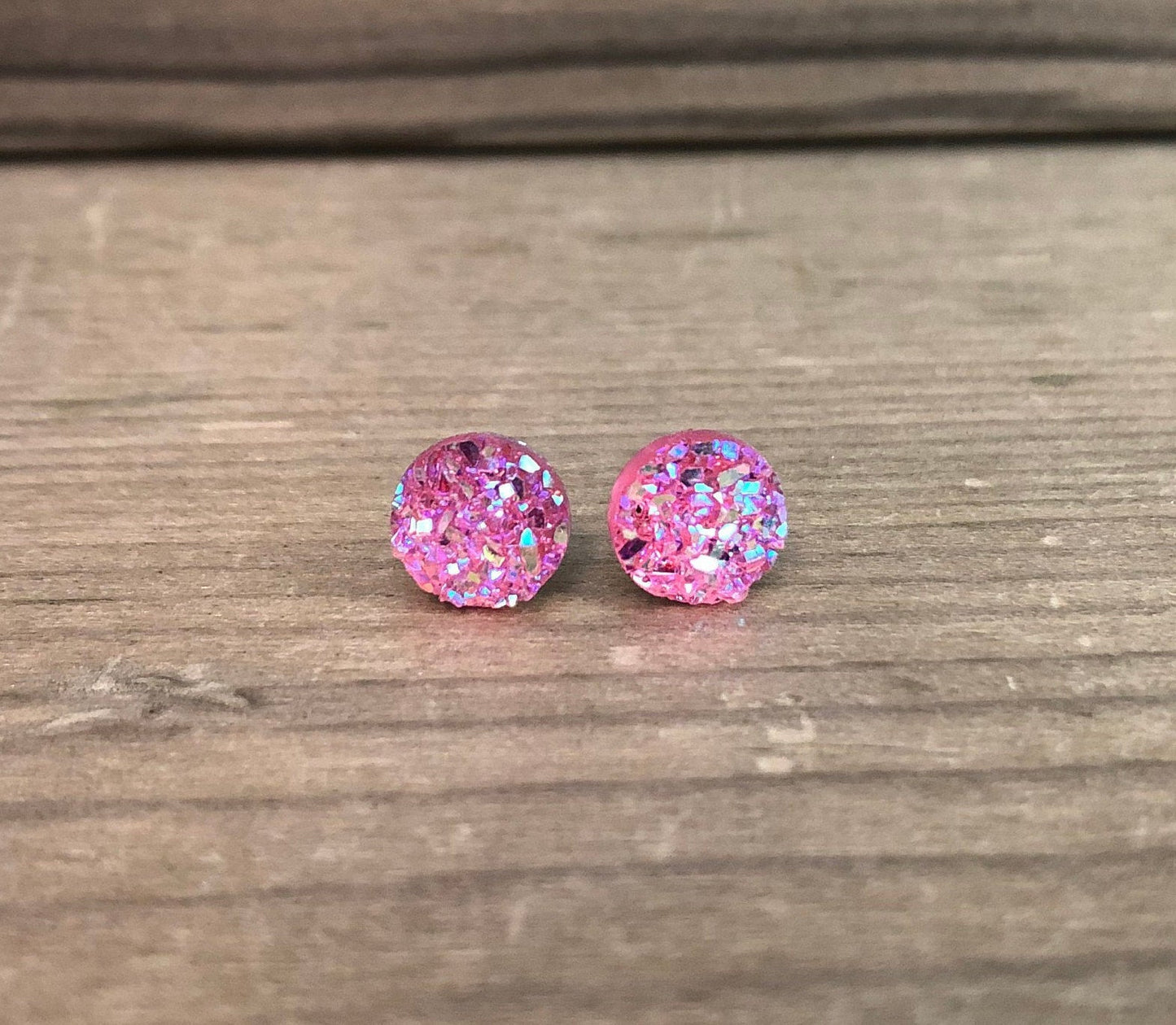 Pink Sparkle Stud Earrings - 8mm on Surgical Grade Stainless Steel
