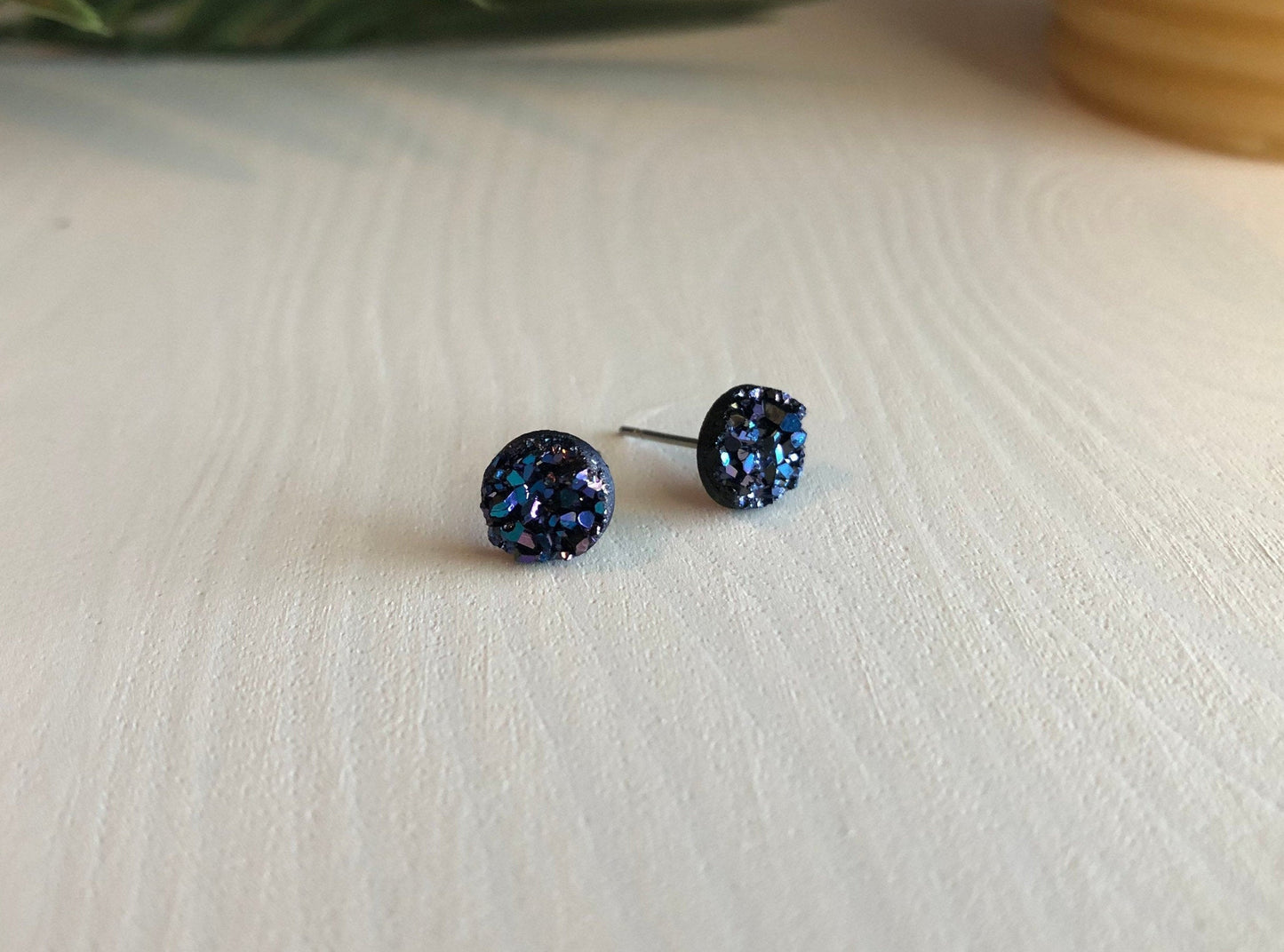 Midnight Purple Druzy Stud Earrings - 8mm on Surgical Grade Stainless Steel
