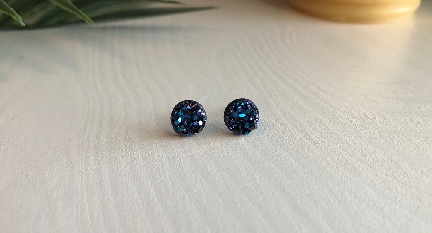 Midnight Purple Druzy Stud Earrings - 8mm on Surgical Grade Stainless Steel