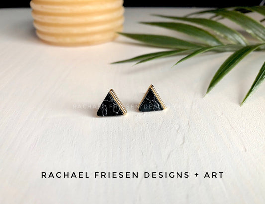Black Marble + Gold Triangle Studs