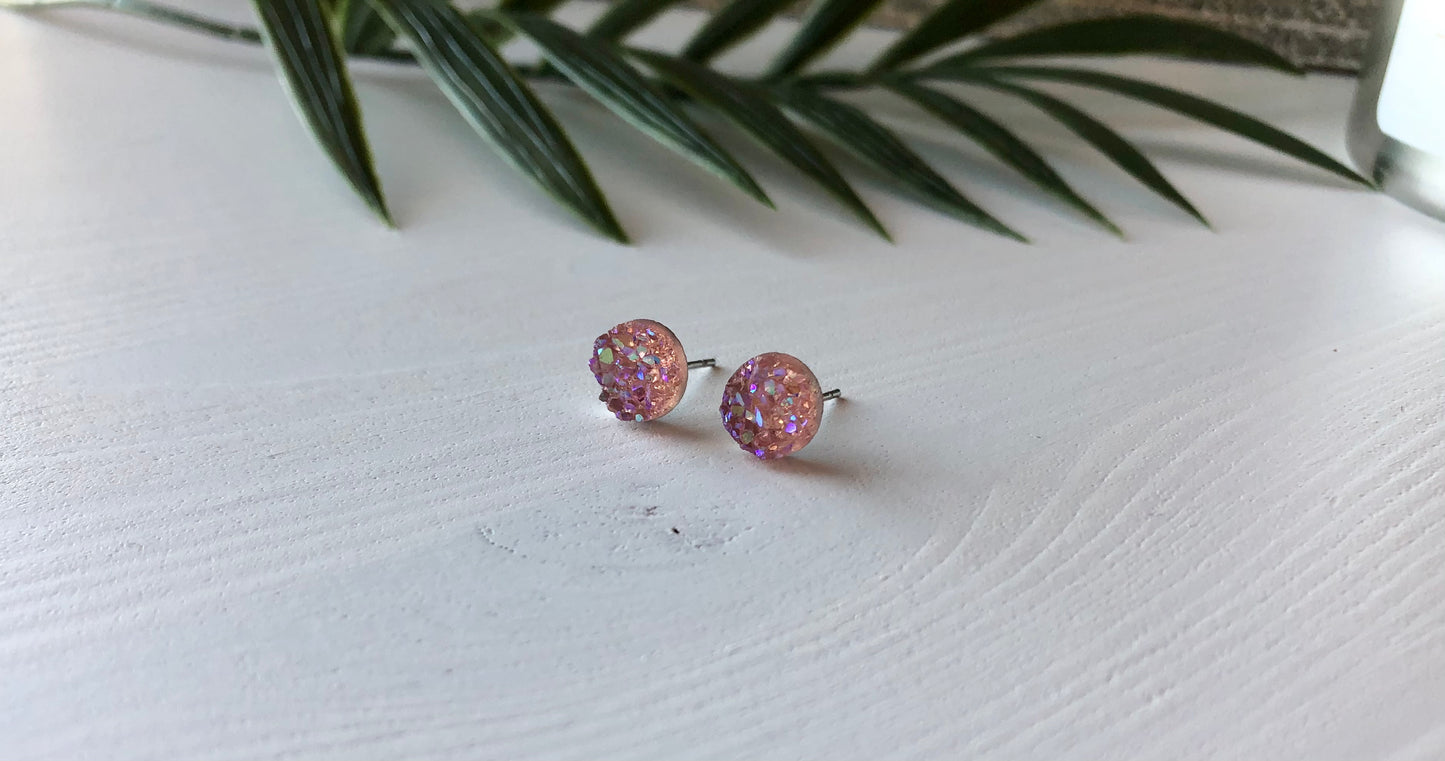 Light Pink Druzy Stud Earrings - 8mm