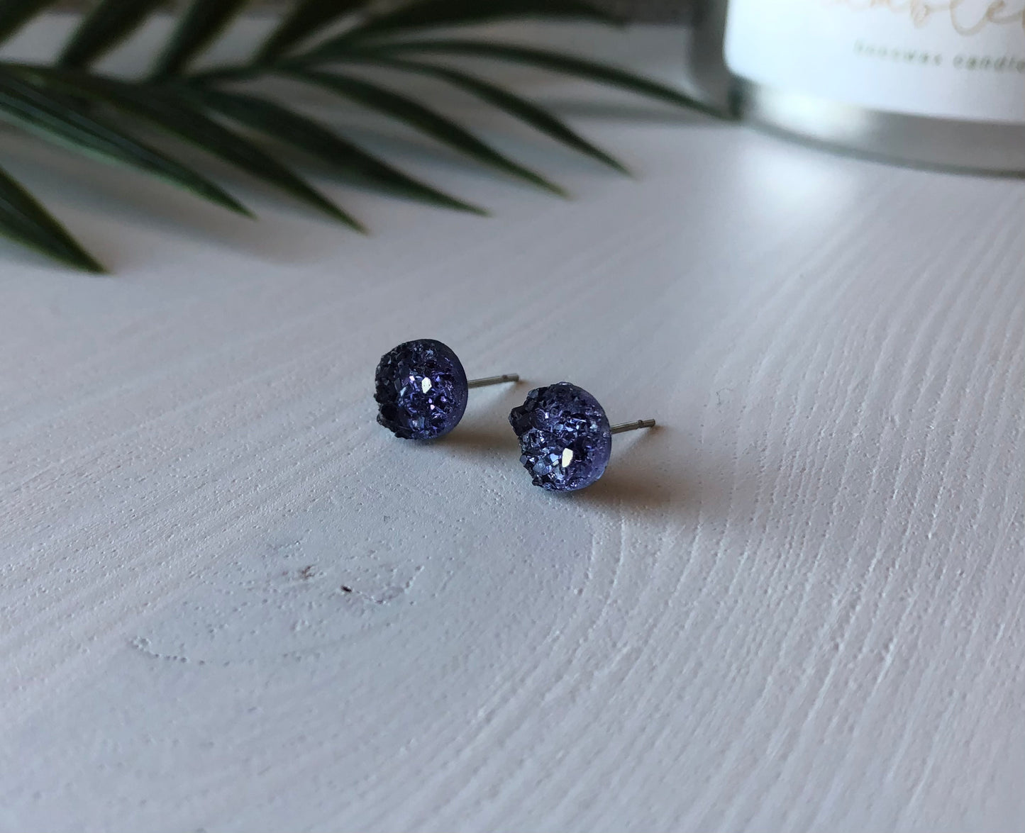 Purple Indigo Druzy Stud Earrings - 8mm on Surgical Grade Stainless Steel