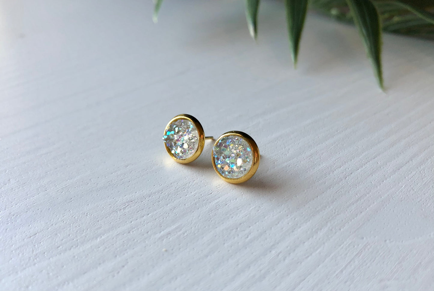 Crystal/Diamond Druzy Stud Earrings - 8mm Stone on Gold