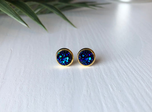 Deep Ocean Druzy Stud Earrings - 8mm Stone on Gold