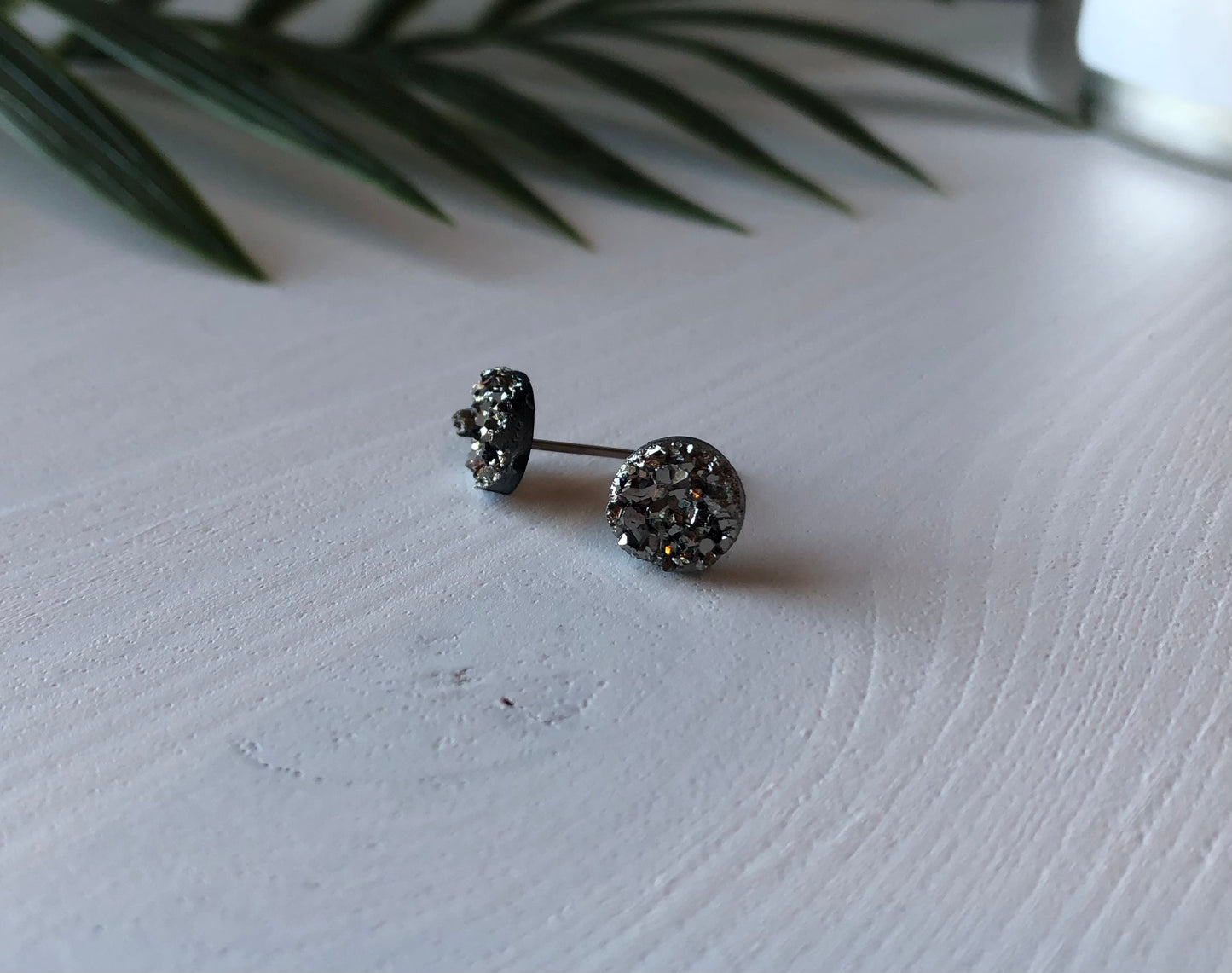 Gunmetal Druzy Stud Earring - 8mm Stone on Surgical Grade Stainless Steel