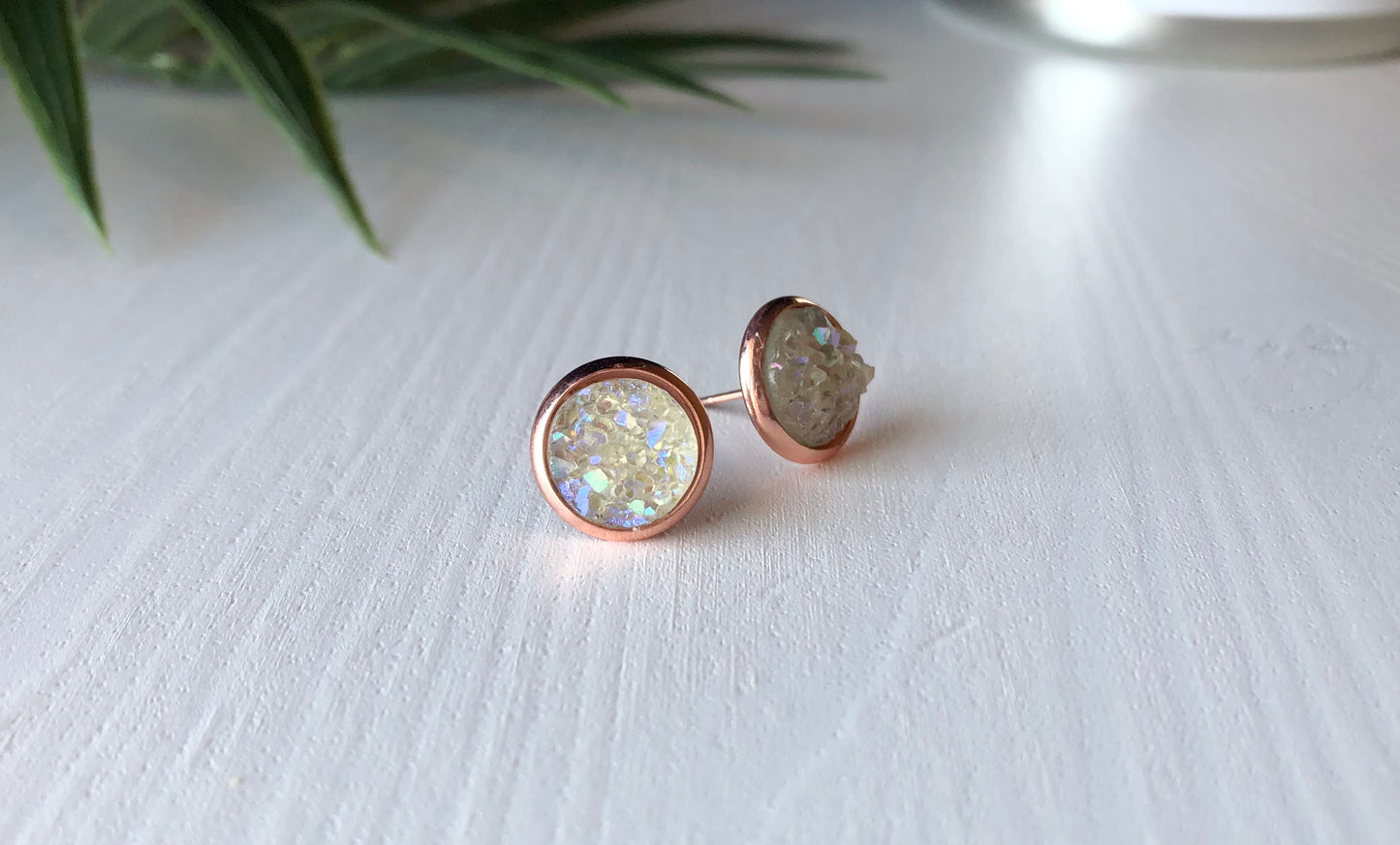 Crystal/Diamond Druzy Stud Earrings - 10mm Stone on Rose Gold