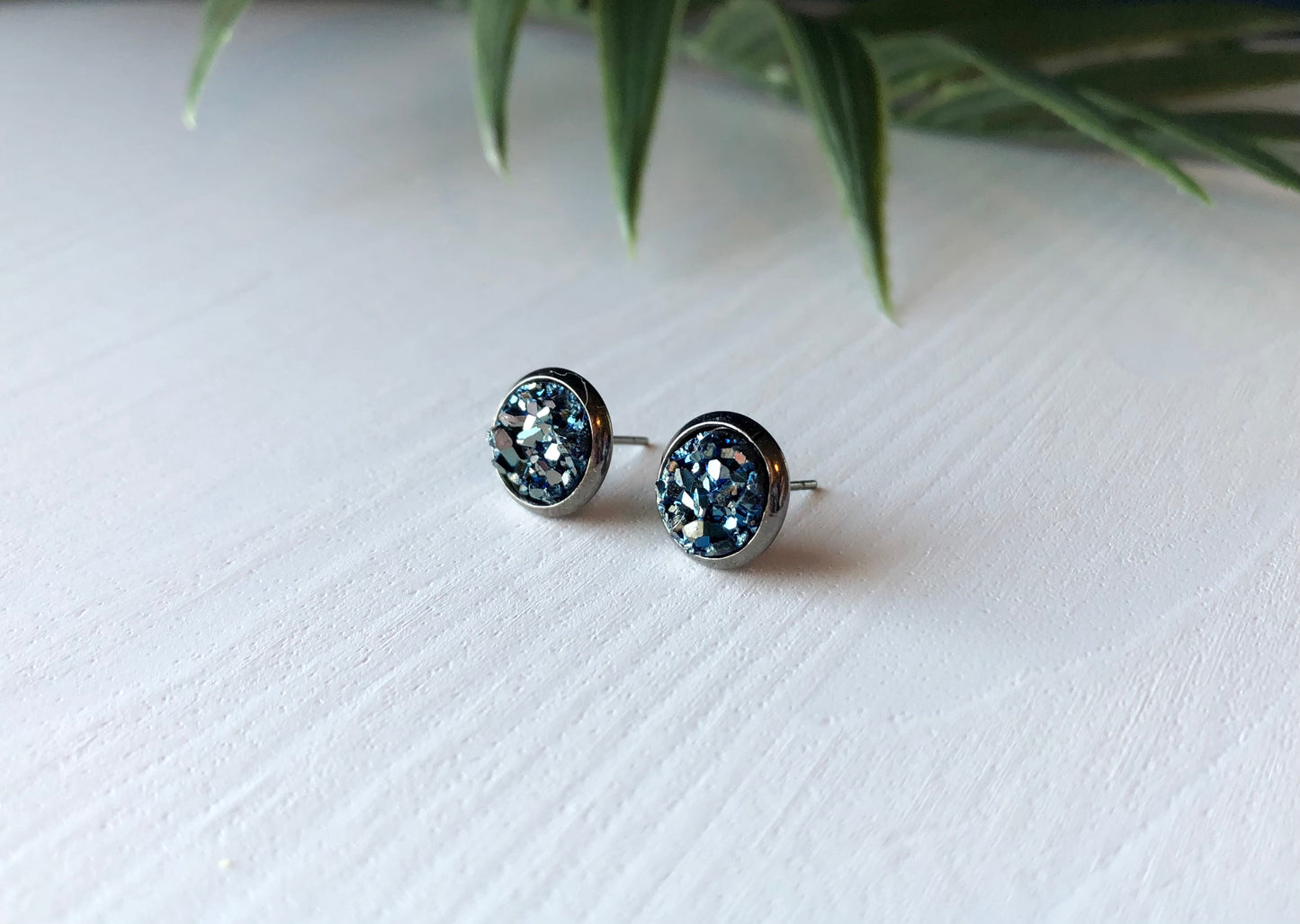 Icy Sapphire Druzy Stone Earring - 8mm on Gunmetal