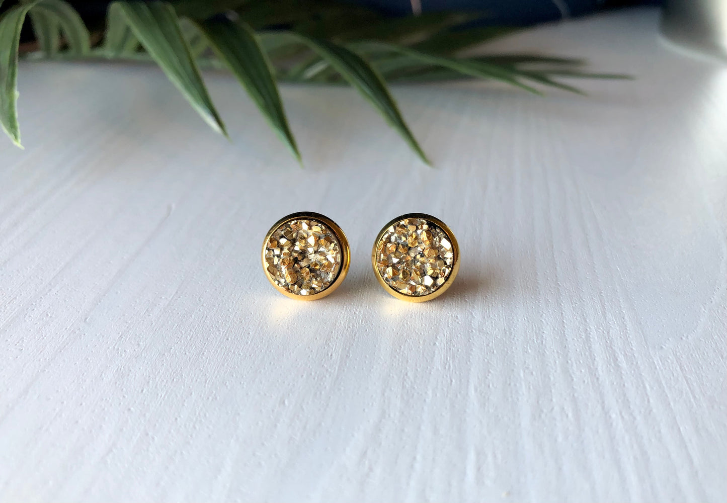 Gold Druzy Stud Earrings - 10mm Stone on Gold