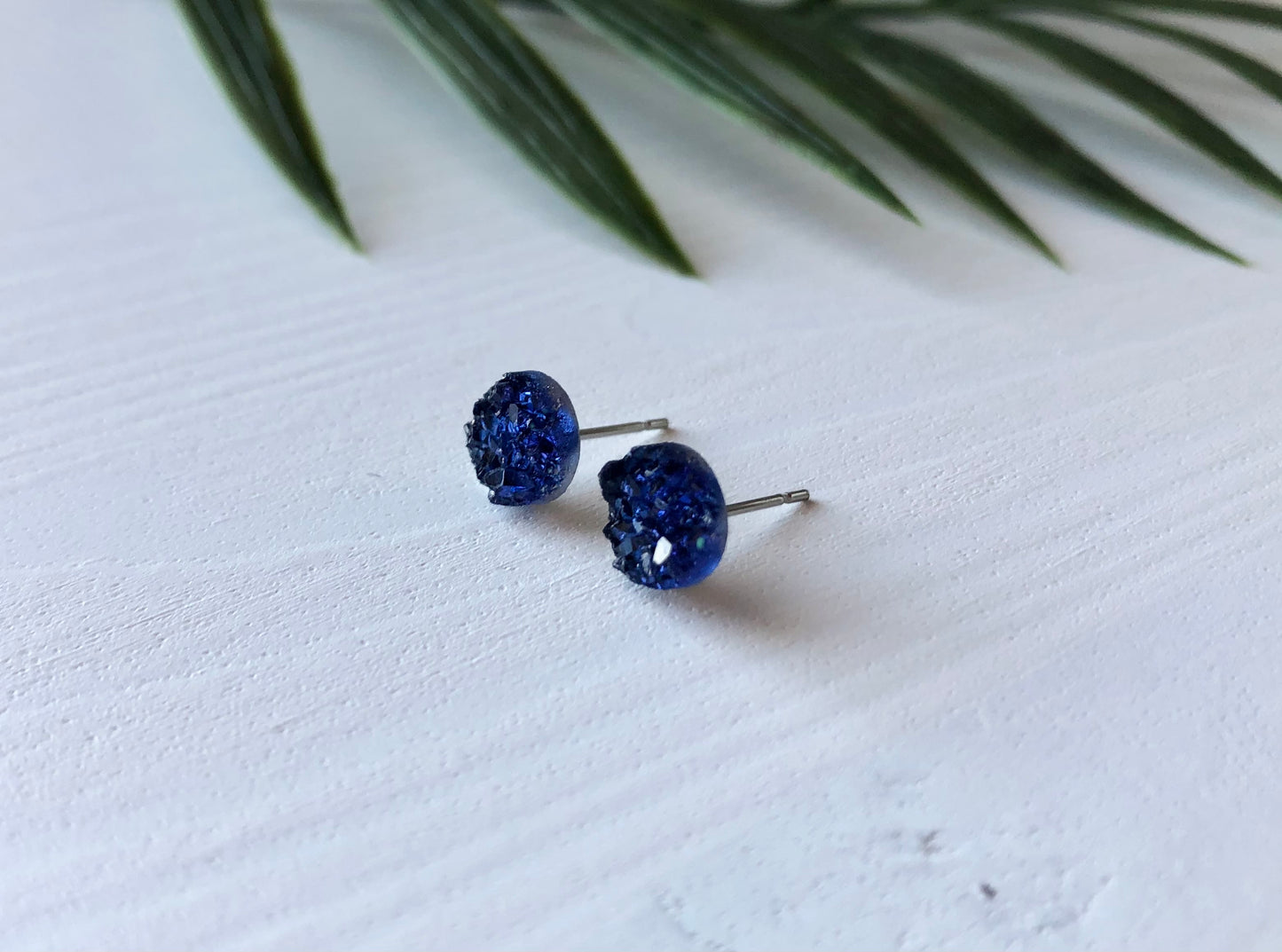 Monsoon Blue Druzy Stud Earrings - 8mm on Surgical Grade Stainless Steel