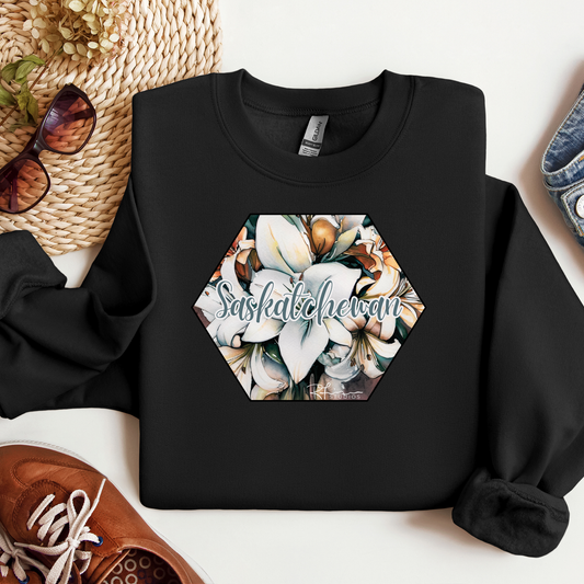 STORY SALE - Adult Crewneck Sweatshirt - Saskatchewan - Hexagon - Script - Blue