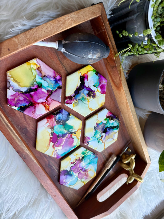 Coasters - Set of 5 - Hand-painted Alcohol Ink