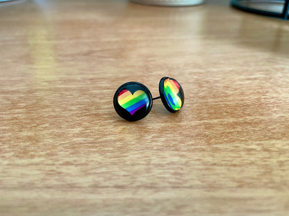 Rainbow Heart Pride Earrings - 12mm on black