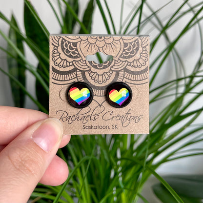 Rainbow Heart Pride Earrings - 12mm on black