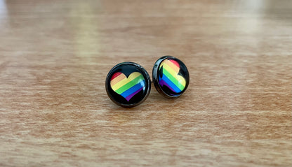 Rainbow Heart Pride Earrings - 12mm on Gunmetal