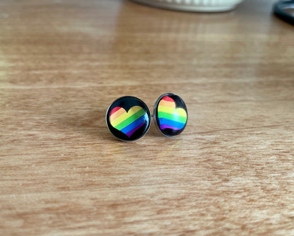Rainbow Heart Pride Earrings - 12mm on Stainless Steel
