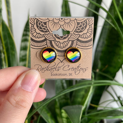 Rainbow Heart Pride Earrings - 12mm on Gold