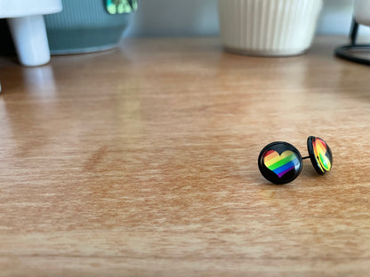 Rainbow Heart Pride Earrings - 12mm on black