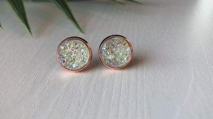 Crystal/Diamond Druzy Stud Earrings - 12mm Stone on Rose Gold