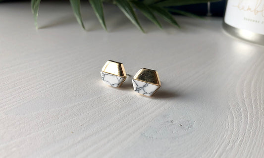 White Marble + Gold Hexagon Stud Earrings