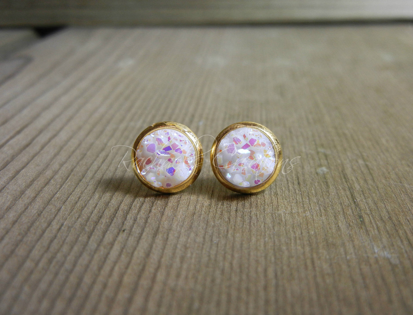 Pink Snow Druzy Stud Earrings - 8mm Stone on Gold