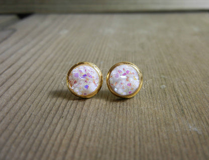 Pink Snow Druzy Stud Earrings - 8mm Stone on Gold