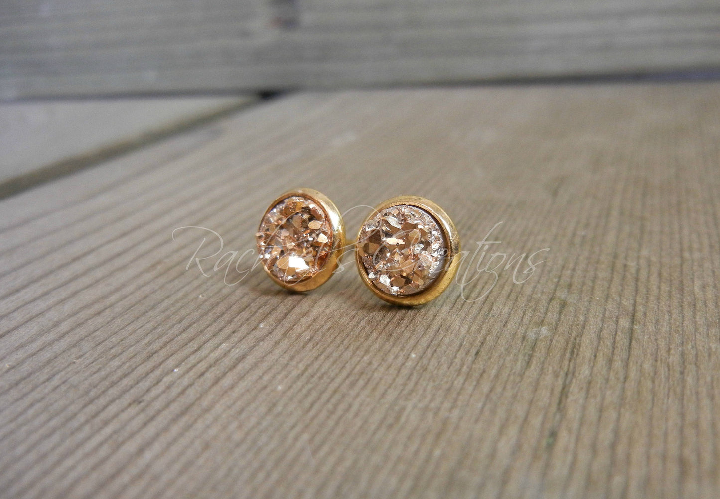 Gold Druzy Stud Earrings - 8mm Stone on Gold