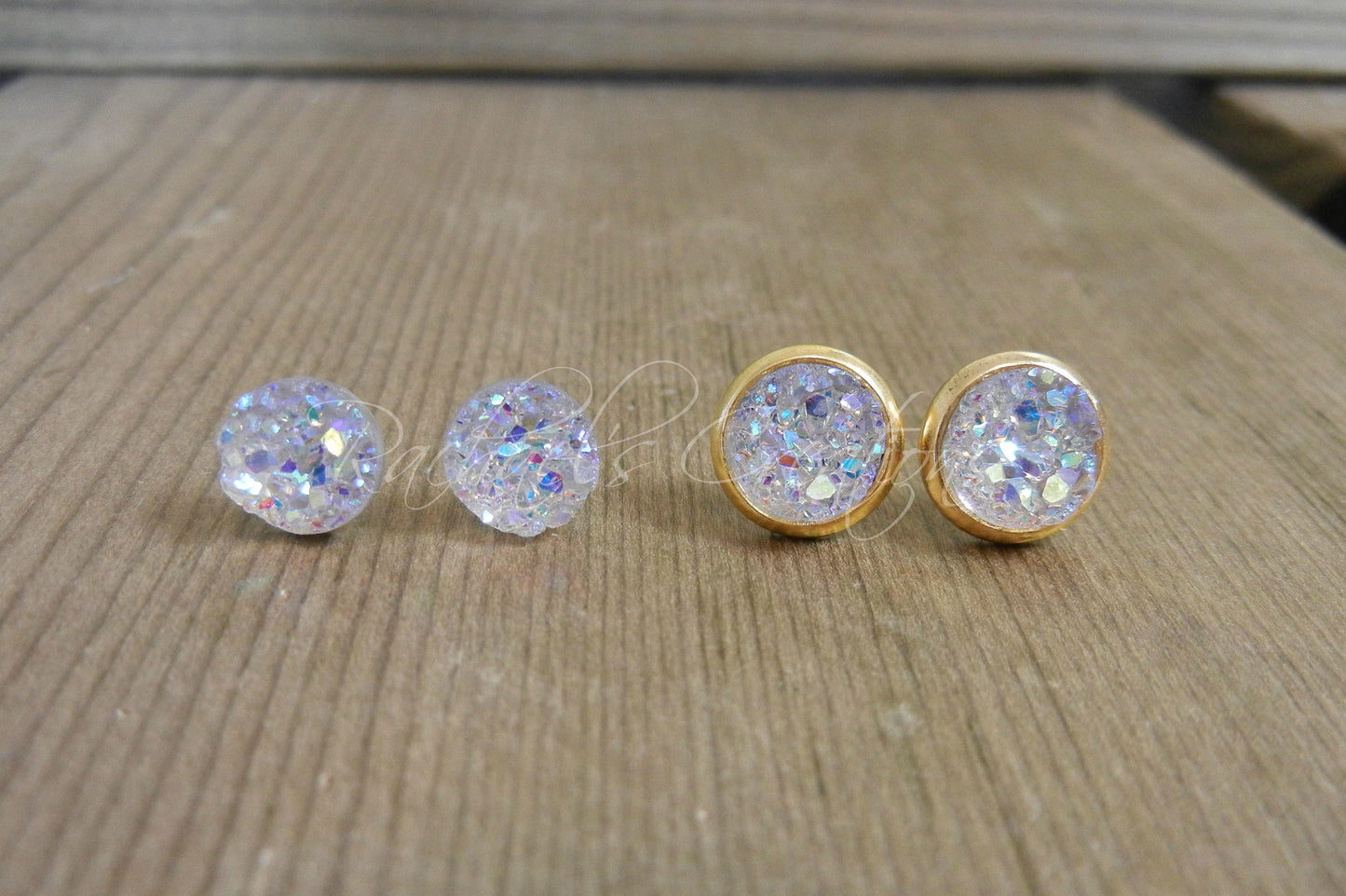 Crystal/Diamond Druzy Stud Earrings - 8mm Stone on Gold