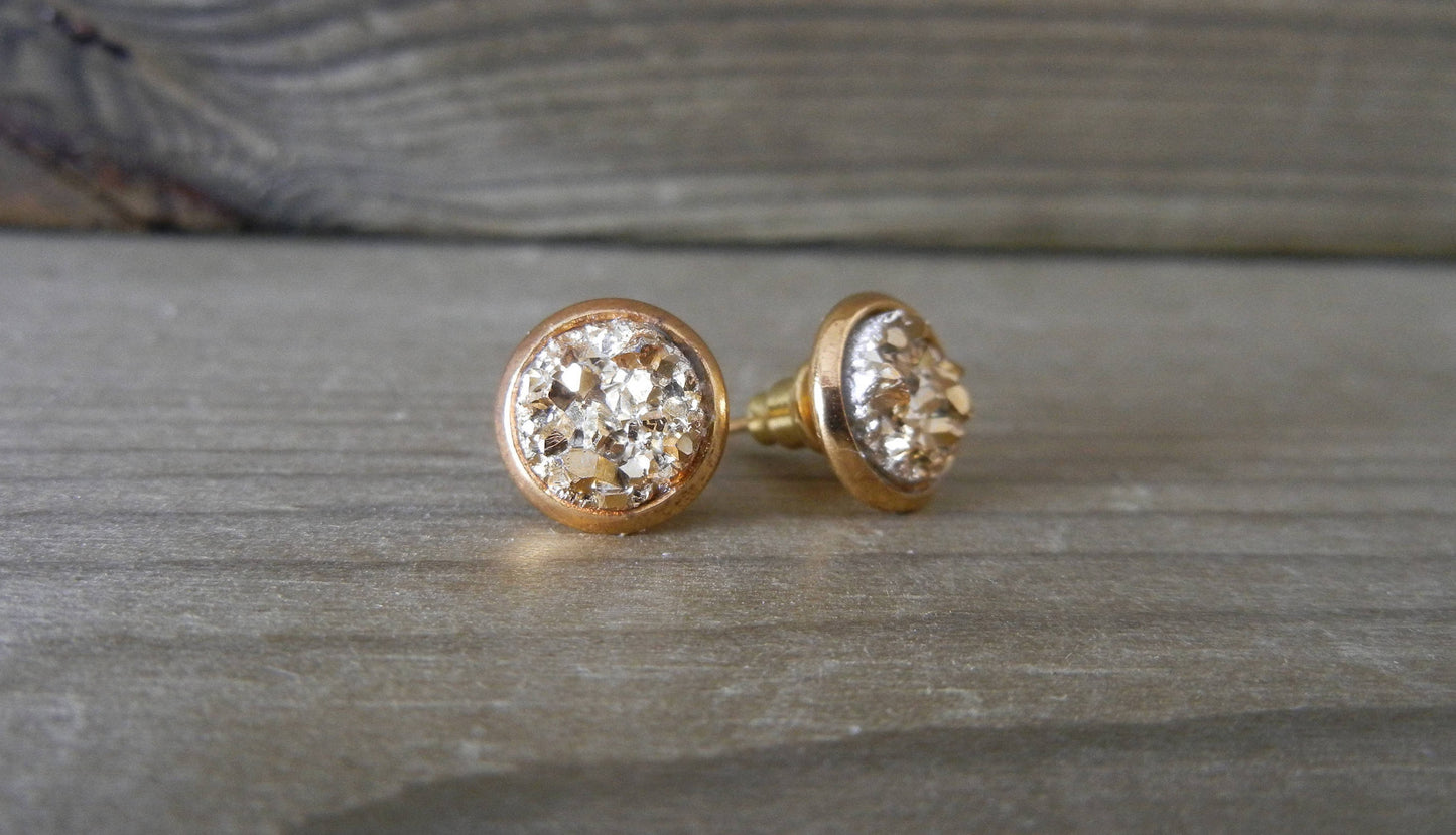 Gold Druzy Stud Earrings - 8mm Stone on Gold