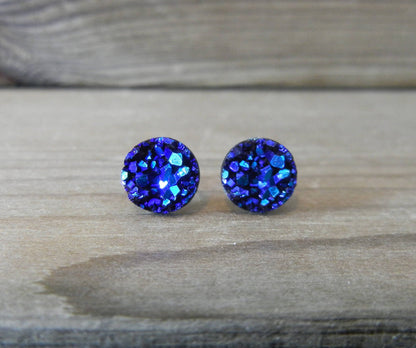 Deep Ocean Druzy Earrings - 8mm on Stainless Steel Posts.