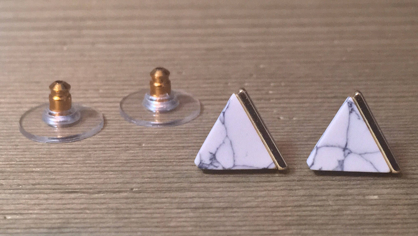 White Marble + Gold Triangle Stud Earrings