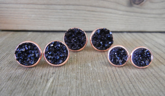 Black Druzy Stud Earrings - 10mm Stone on Rose Gold