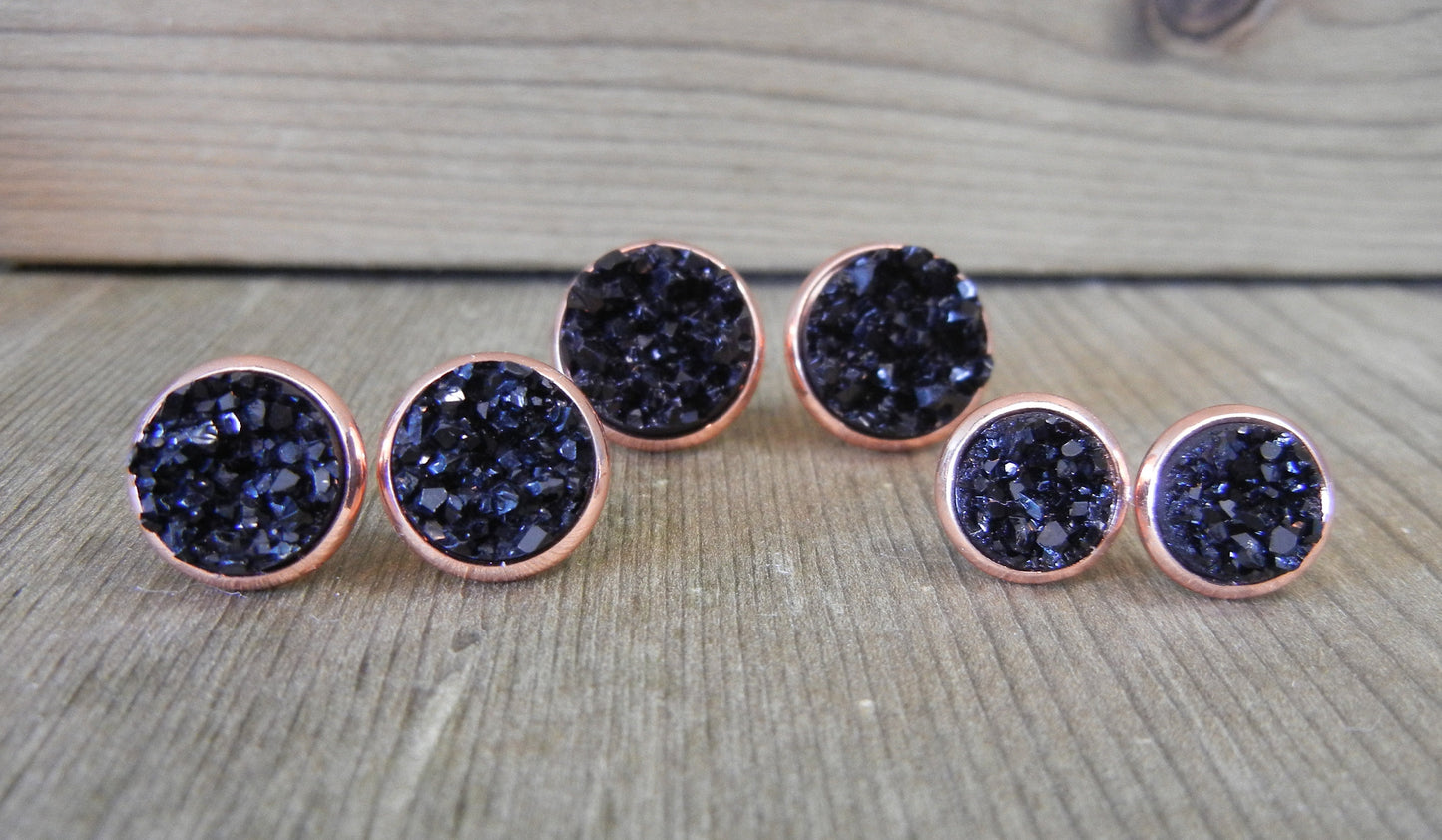 Black Druzy Stud Earrings - 12mm Stone on Rose Gold