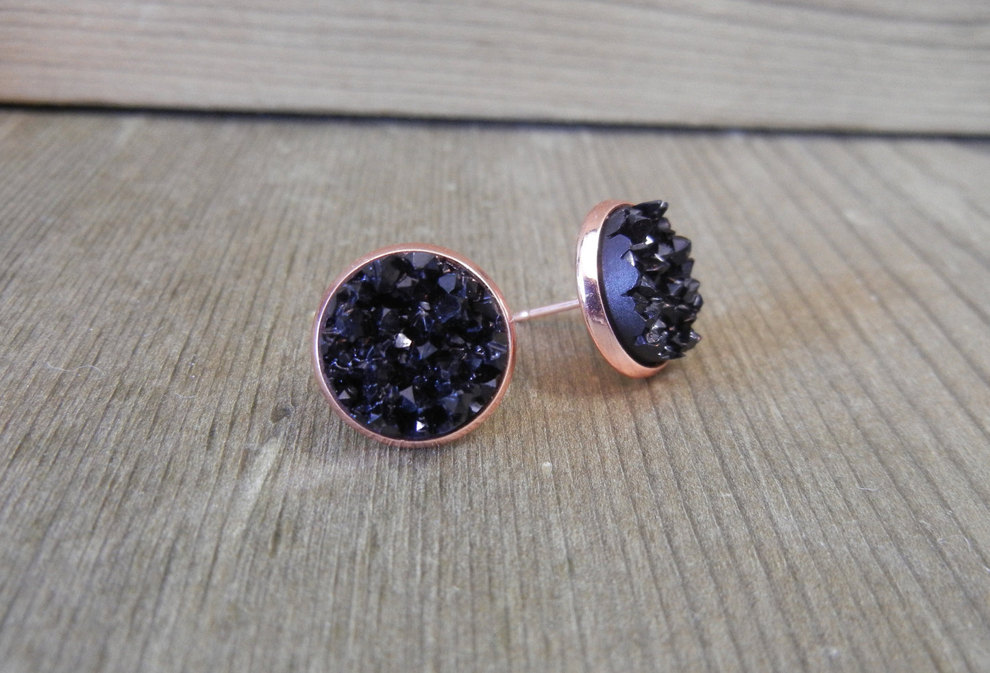 Black Druzy Stud Earrings - 12mm Stone on Rose Gold