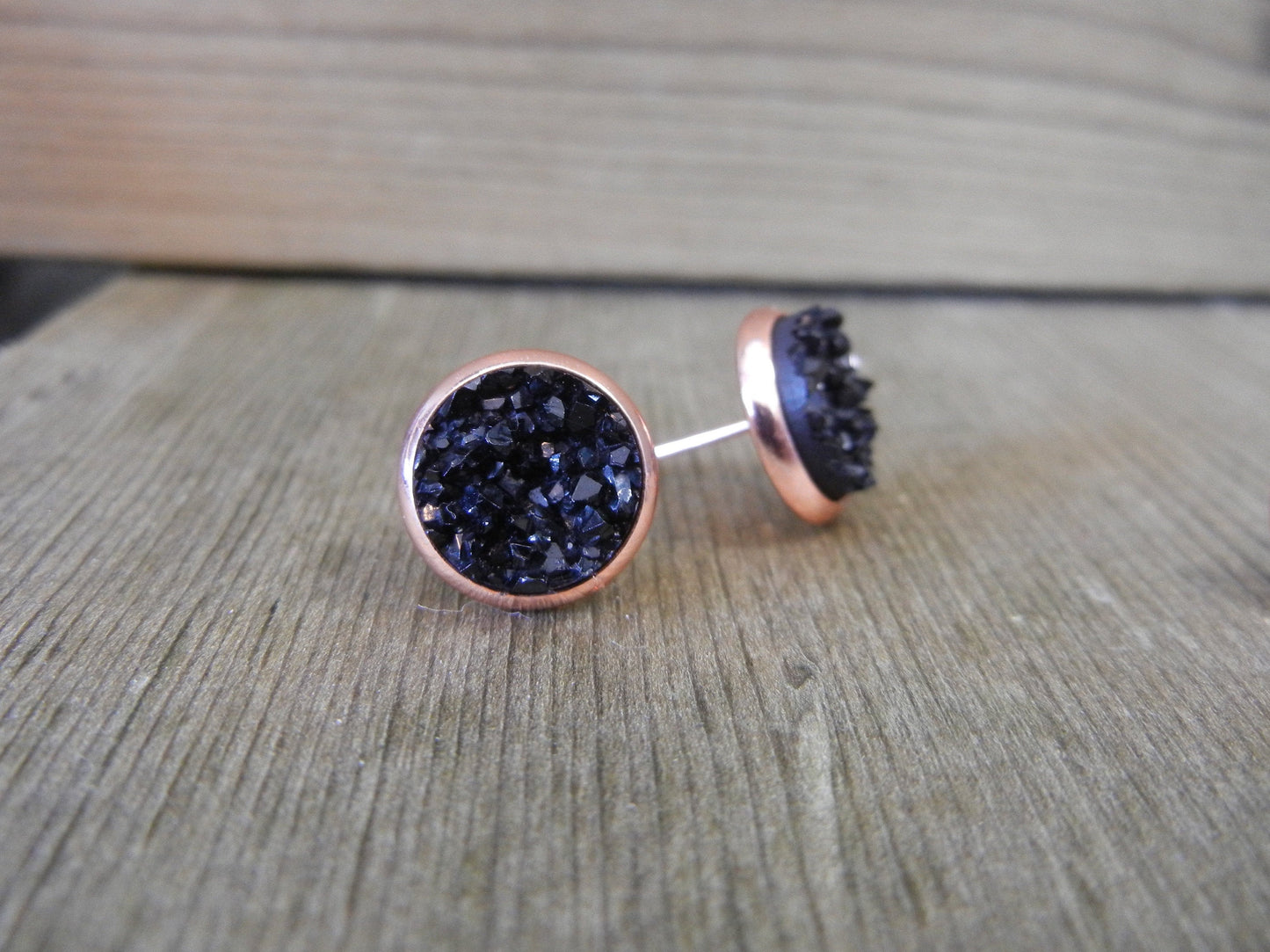 Black Druzy Stud Earrings - 12mm Stone on Rose Gold