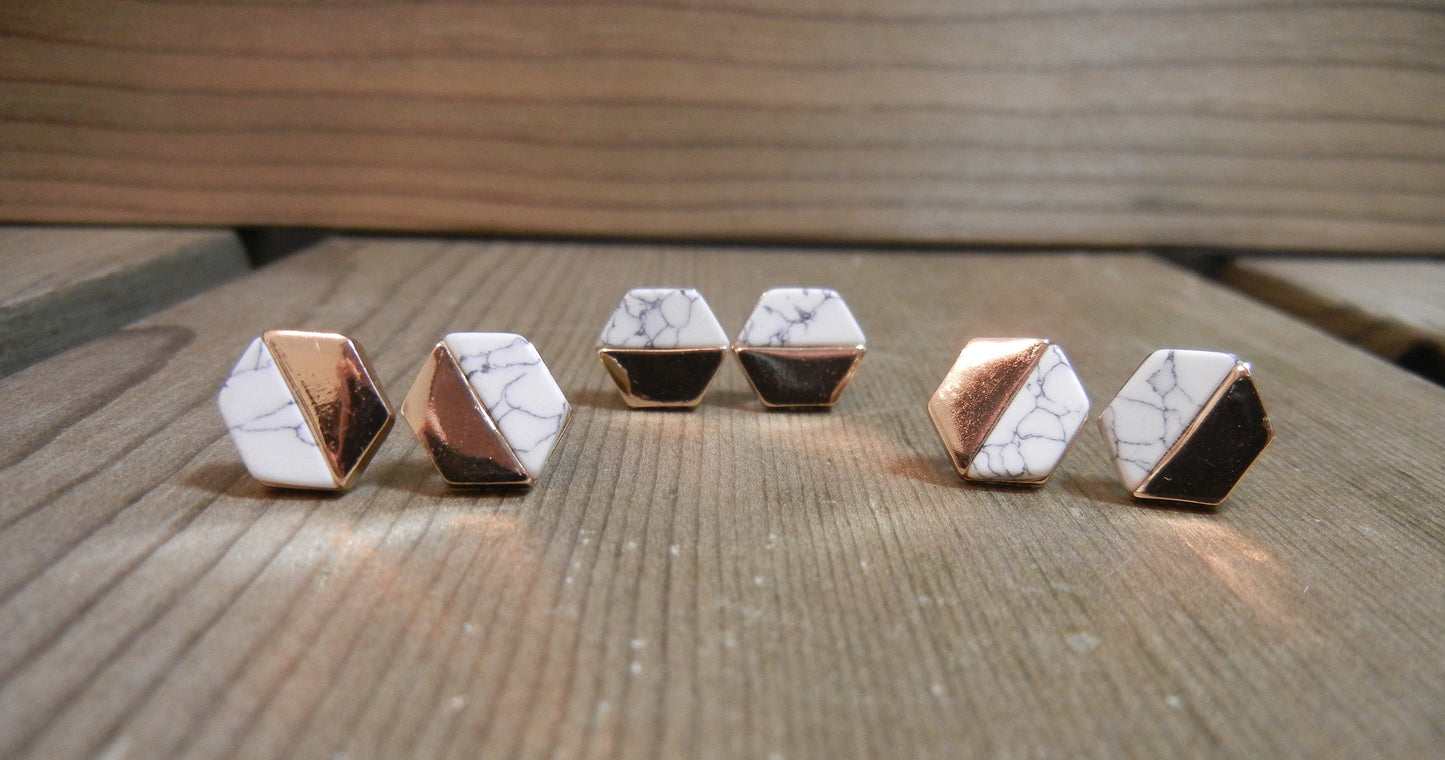 White Marble + Gold Hexagon Stud Earrings