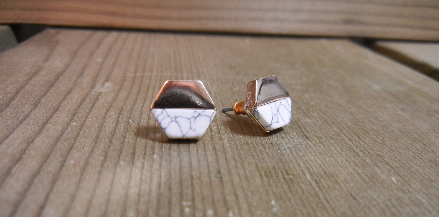 White Marble + Gold Hexagon Stud Earrings