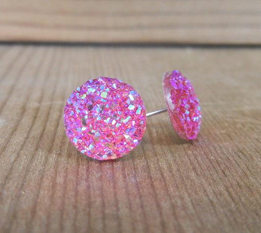 Pink Sparkle Druzy Earrings - 12mm on Stainless Steel Posts.