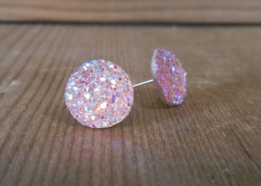 Pink Champagne Sparkle Stud Earrings - 12mm on Surgical Grade Stainless Steel