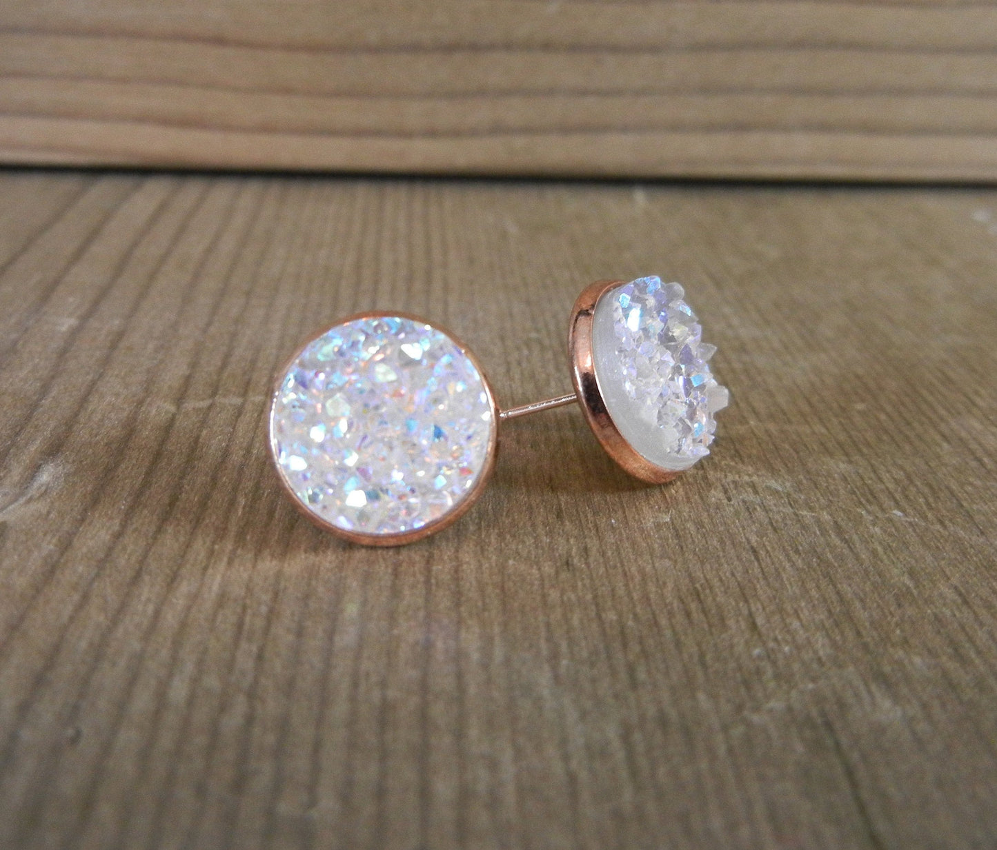 Crystal/Diamond Druzy Stud Earrings - 12mm Stone on Rose Gold