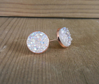 Crystal/Diamond Druzy Stud Earrings - 12mm Stone on Rose Gold