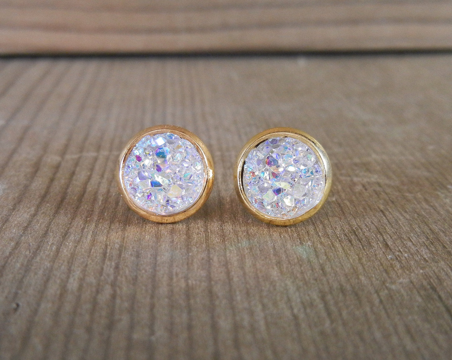 Crystal/Diamond Druzy Stud Earrings - 8mm Stone on Gold