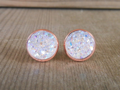 Crystal/Diamond Druzy Stud Earrings - 10mm Stone on Rose Gold
