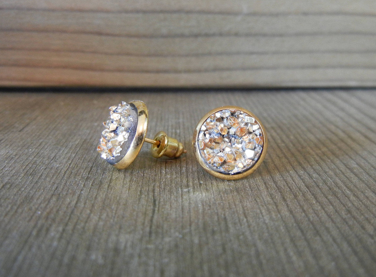 Gold Druzy Stud Earrings - 10mm Stone on Gold